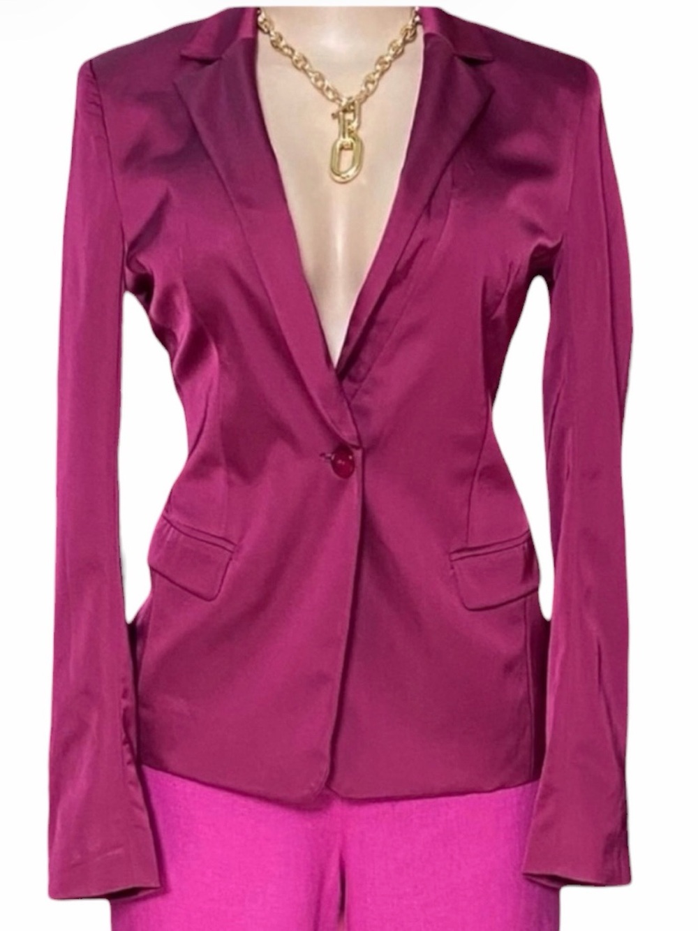 GUESS Magenta Satiny One Button Blazer Long Sleeves